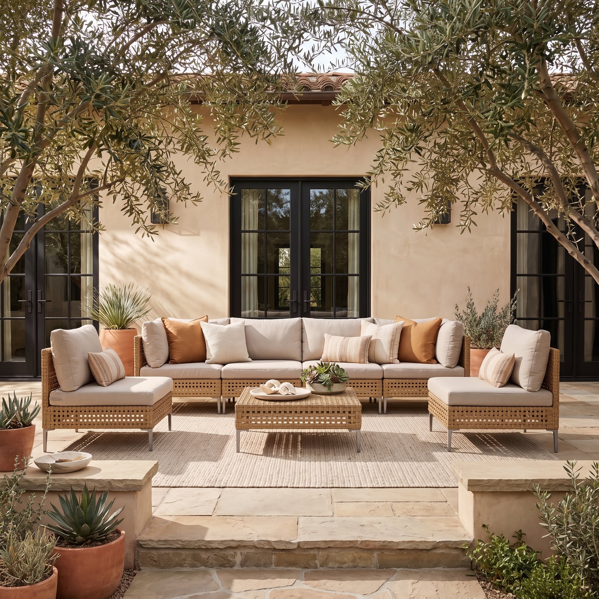 Modular wicker furniture set with beige cushions and coffee table