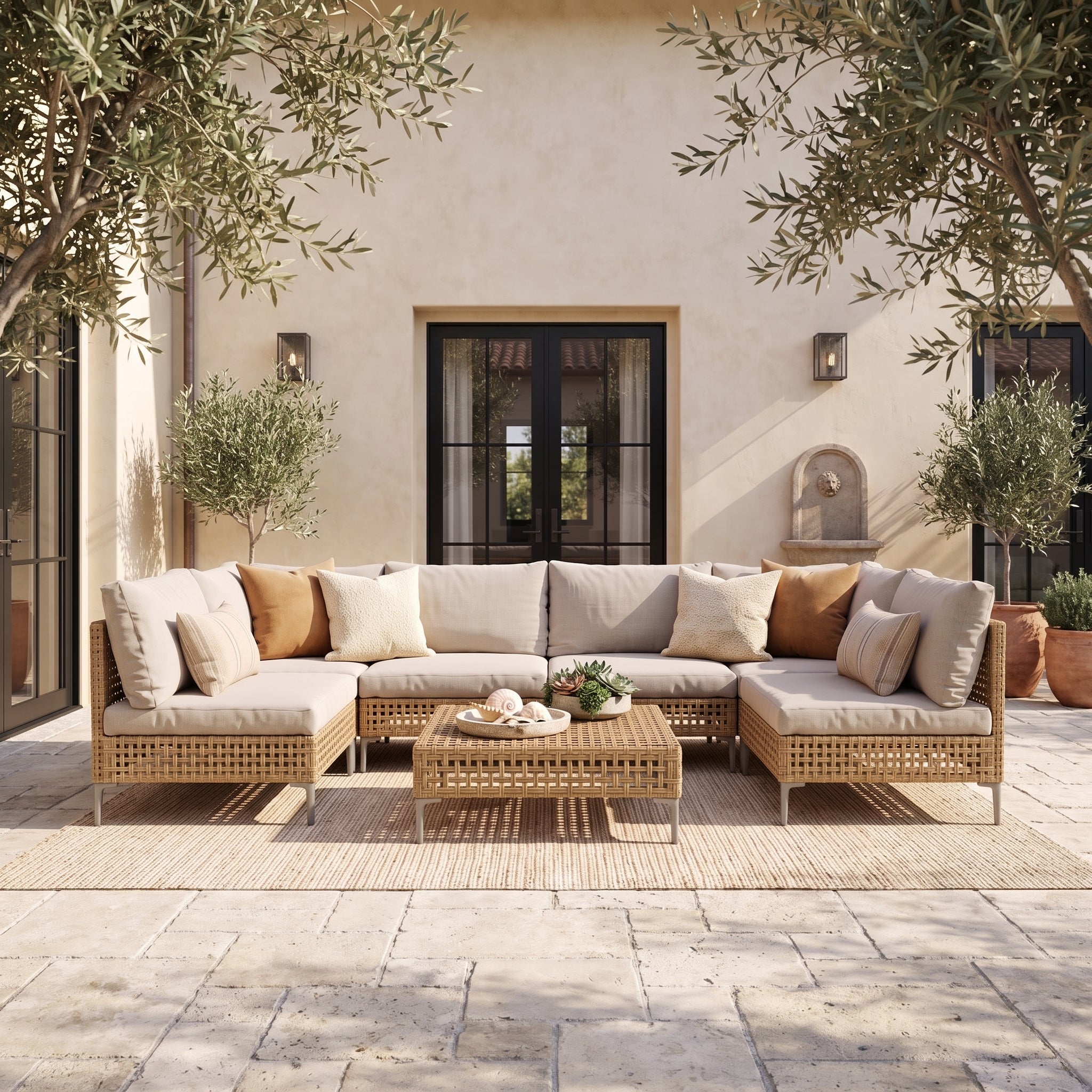 Wicker sectional and coffee table on a landscaped patio
